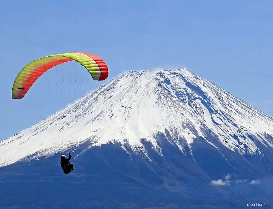 Pilote et passager en vol biplace avec le Mont Fuji en vue